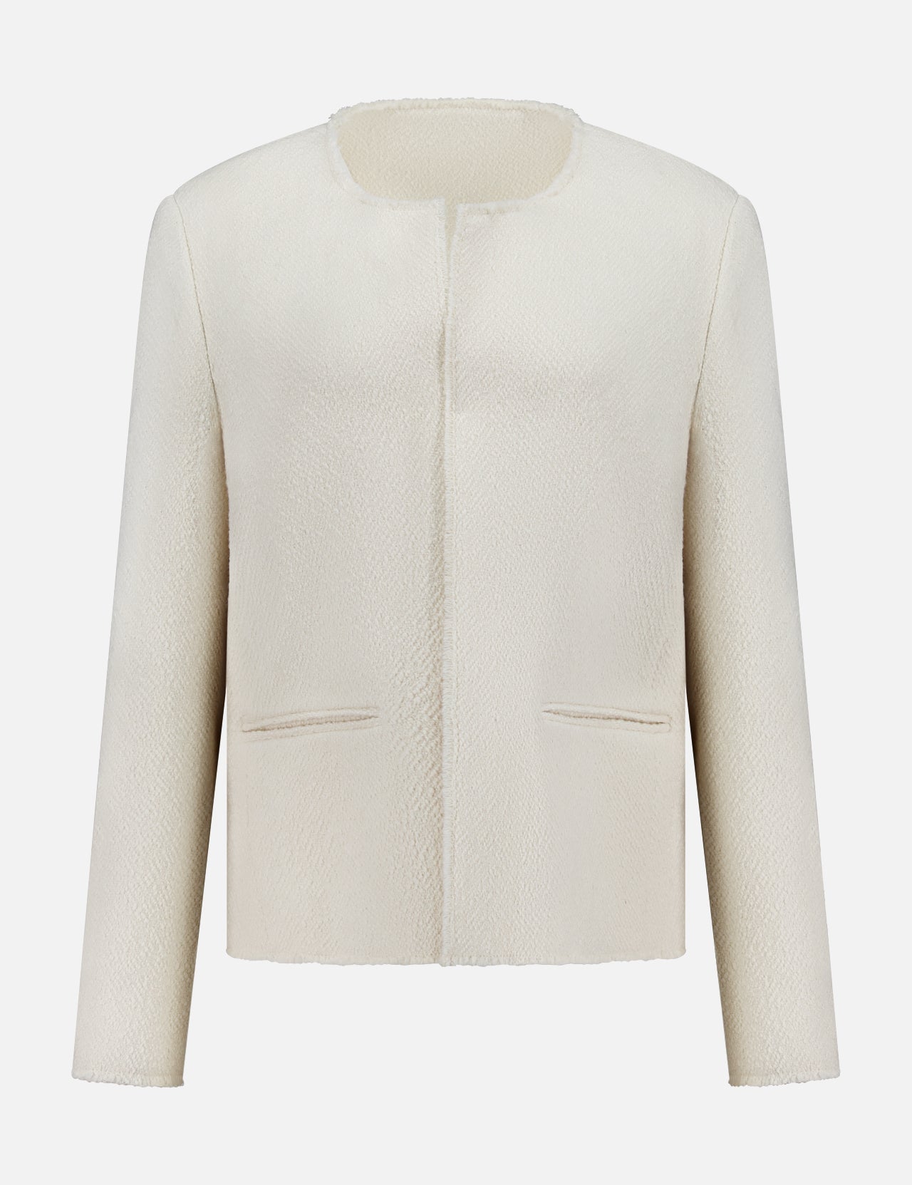 The TOTEME Open-Front Bouclé Blazer features an off-white hue, oversized fit, collarless design, long sleeves, textured bouclé fabric, straight cut, and two front slit pockets. Shown against a plain white background.