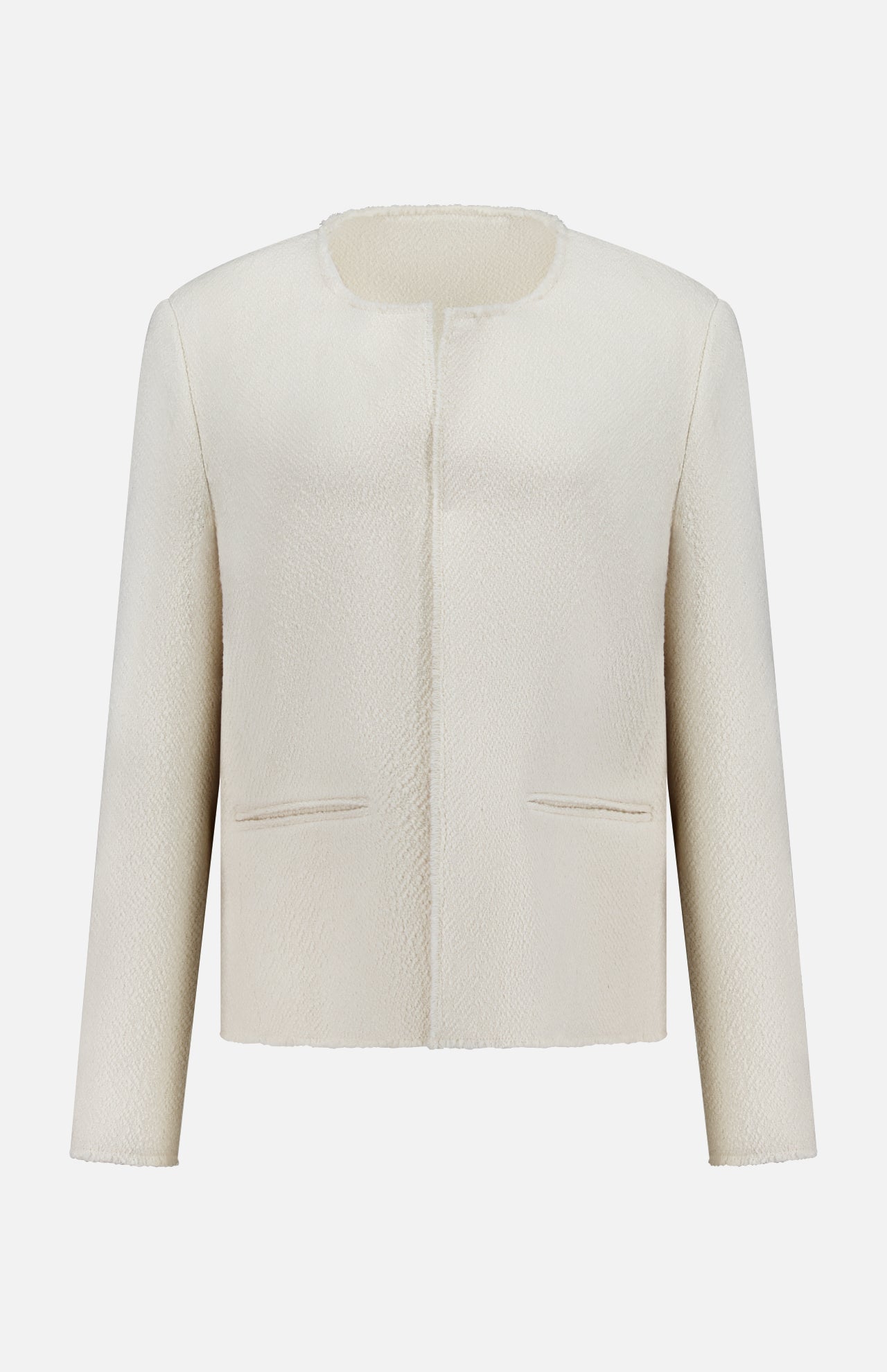The TOTEME Open-Front Bouclé Blazer features an off-white hue, oversized fit, collarless design, long sleeves, textured bouclé fabric, straight cut, and two front slit pockets. Shown against a plain white background.