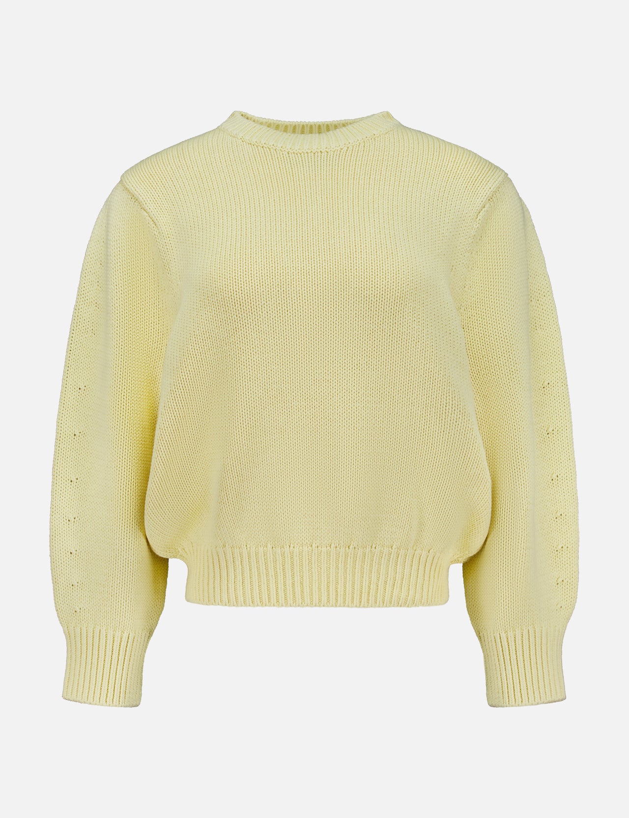 The TOTEME Oversized Crewneck Knit Sweater in butter yellow features long sleeves and a ribbed crew neckline, cuffs, and hem, shown against a plain white background.