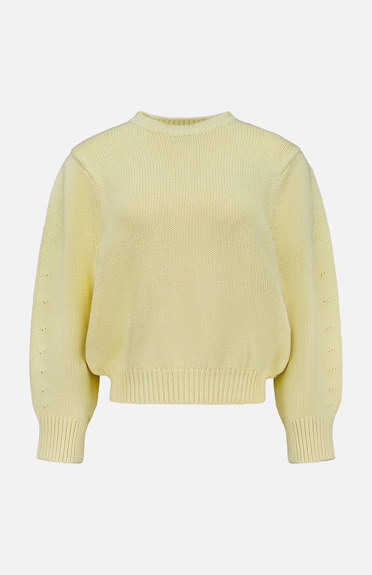 The TOTEME Oversized Crewneck Knit Sweater in butter yellow features long sleeves and a ribbed crew neckline, cuffs, and hem, shown against a plain white background.