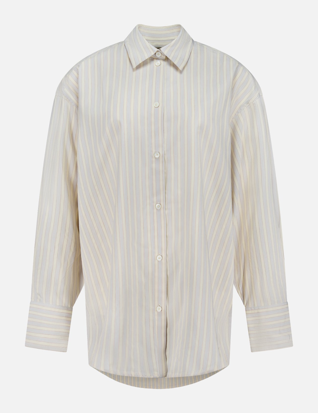 The TOTEME Oversized Pastel Striped Shirt is a long-sleeved, button-up shirt with a collar and wide cuffs, featuring vertical beige and white stripes. Shown against a plain white background.