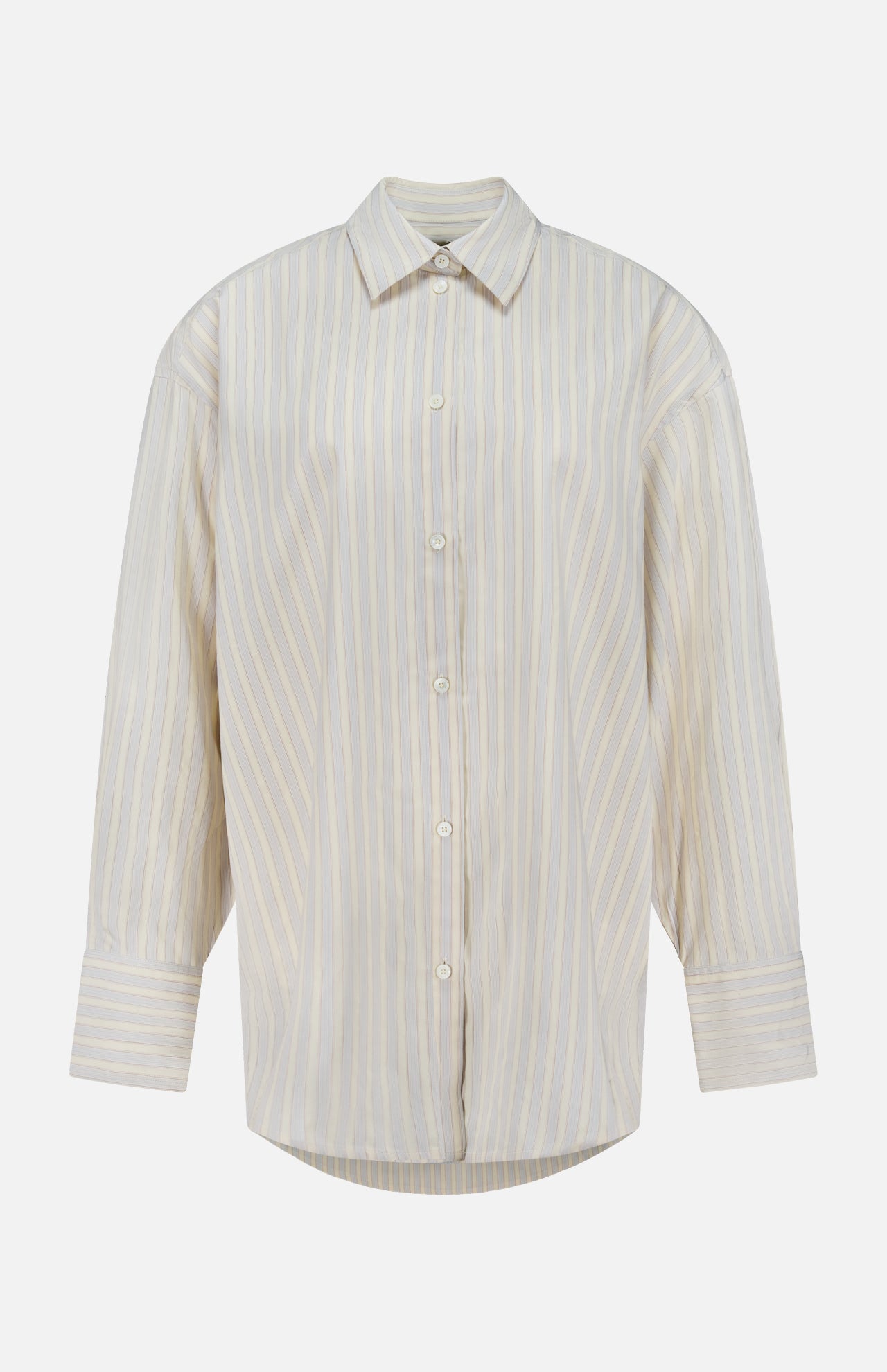 The TOTEME Oversized Pastel Striped Shirt is a long-sleeved, button-up shirt with a collar and wide cuffs, featuring vertical beige and white stripes. Shown against a plain white background.