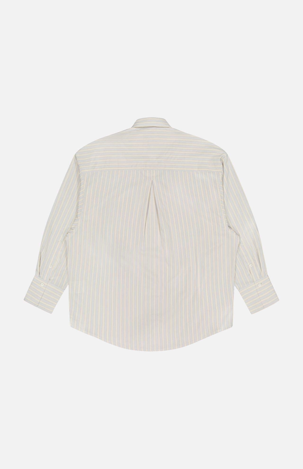 Back view of the TOTEME Oversized Pastel Striped Shirt, showcasing light blue and yellow stripes on white, a center box pleat, and buttoned cuffs.