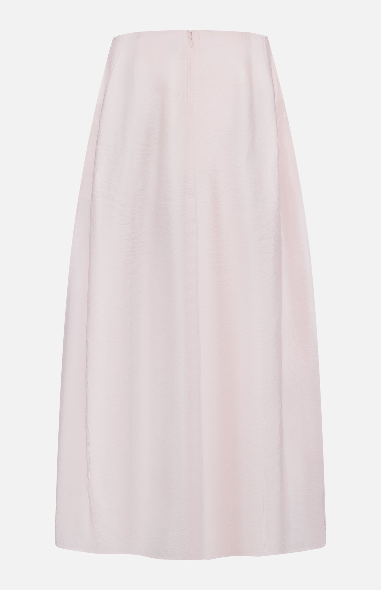 The TOTEME Silk-blend Parachute Skirt is a high-waisted, pale pink A-line midi skirt with a smooth, subtly shiny texture and a concealed back zipper.