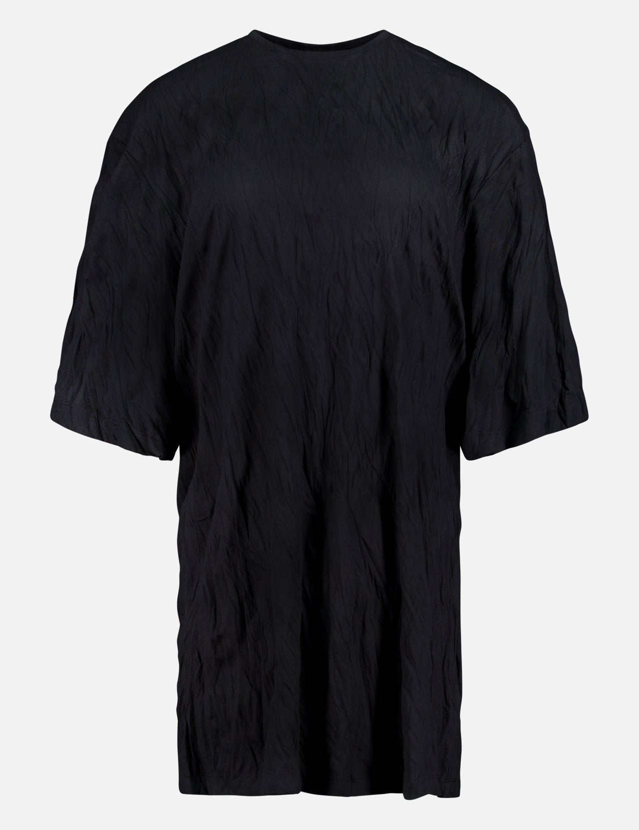 The TOTEME Relaxed Crinkle T-shirt Dress is an oversized black dress made from textured jersey, shown against a plain white background.