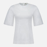 The TOTEME Sculptural Cotton Top is a designer women’s blouse in plain white with short sleeves, a round neckline, and a back zipper. Showcasing clean lines and timeless appeal, it is displayed against a white background.