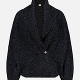 The TOTEME Shawl-Lapel Cardigan is an oversized wool-blend piece in textured dark gray, featuring a stylish shawl collar, deep V-neckline, long sleeves, and a single visible button-front closure, showcased against a plain light background.