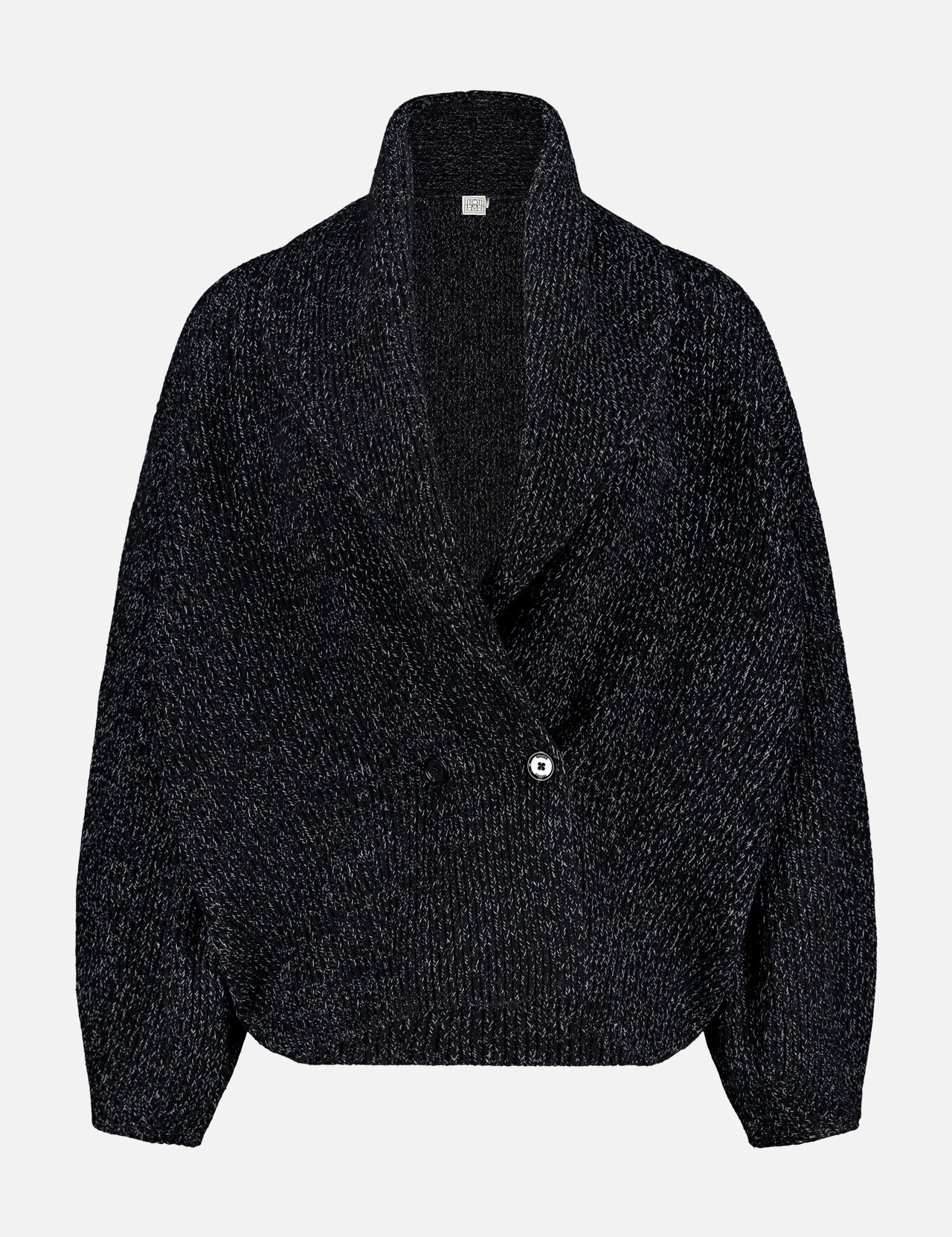 The TOTEME Shawl-Lapel Cardigan is an oversized wool-blend piece in textured dark gray, featuring a stylish shawl collar, deep V-neckline, long sleeves, and a single visible button-front closure, showcased against a plain light background.