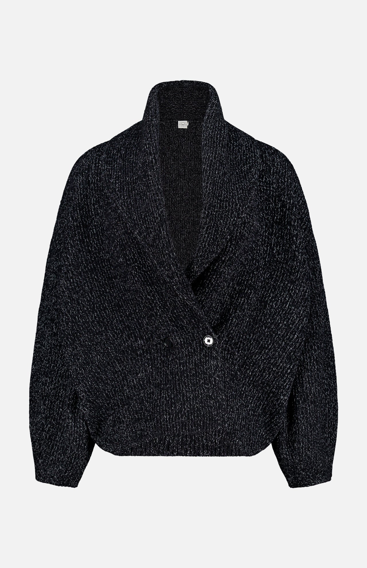 The TOTEME Shawl-Lapel Cardigan is an oversized wool-blend piece in textured dark gray, featuring a stylish shawl collar, deep V-neckline, long sleeves, and a single visible button-front closure, showcased against a plain light background.