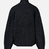 A back view of the TOTEME Shawl-Lapel Cardigan in dark gray, featuring long sleeves, a high collar, loose fit, and textured wool-blend knit fabric, displayed against a plain white background.