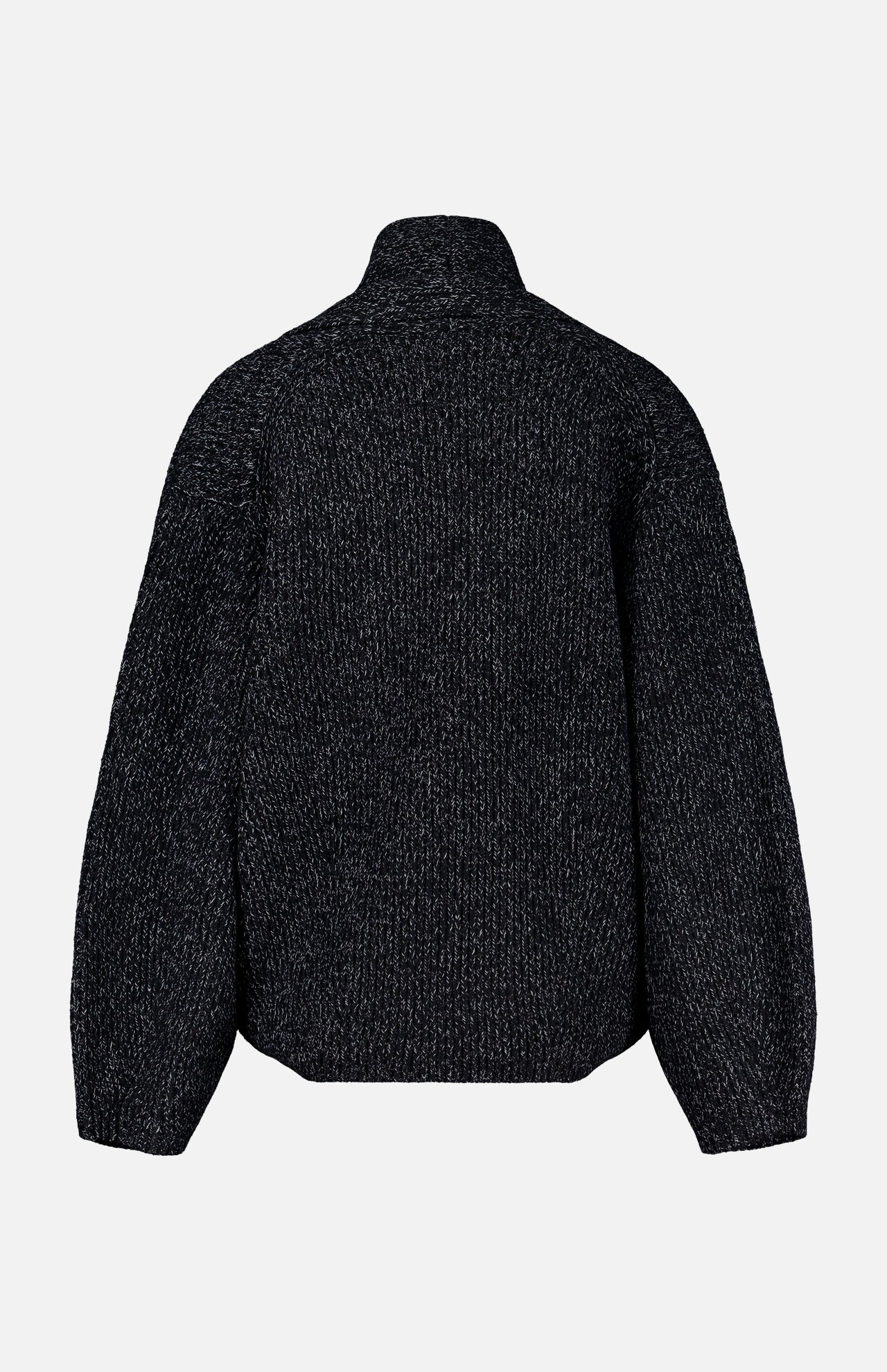 A back view of the TOTEME Shawl-Lapel Cardigan in dark gray, featuring long sleeves, a high collar, loose fit, and textured wool-blend knit fabric, displayed against a plain white background.