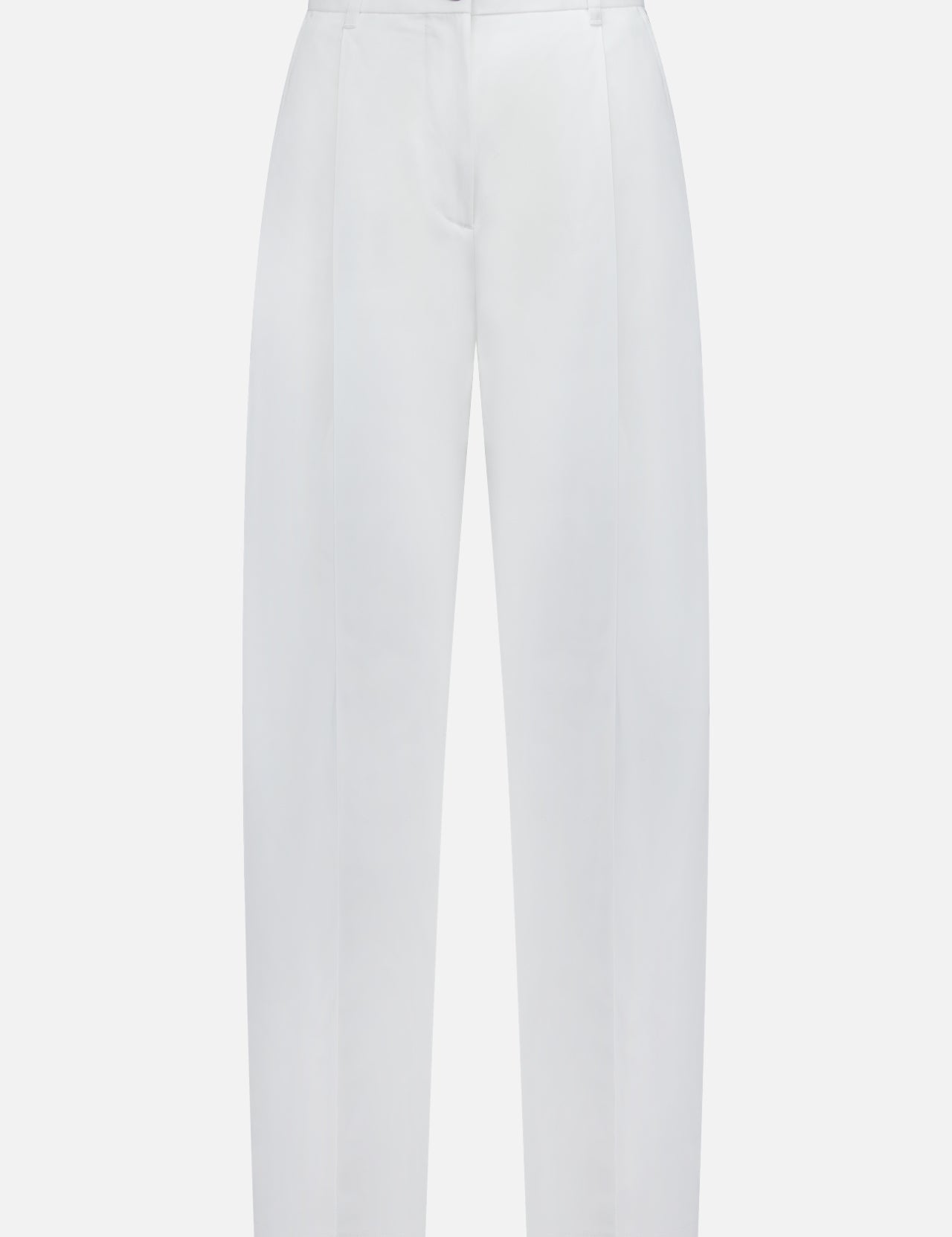 The Single Pleat Cotton Trouser Pants by TOTEME feature a high waist, front pleats, and side pockets, finished with a single black button closure at the waistband. Crafted from cotton with a modern tailored fit, these white trousers are showcased against a plain white background.