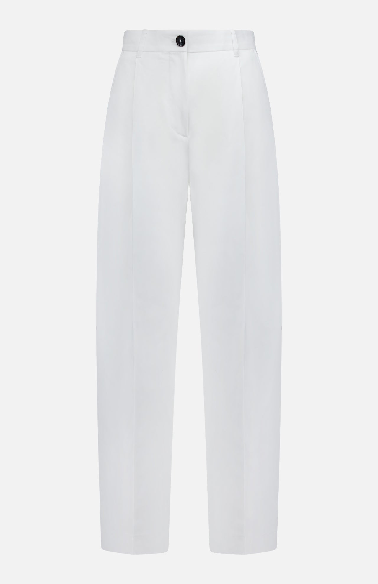 The Single Pleat Cotton Trouser Pants by TOTEME feature a high waist, front pleats, and side pockets, finished with a single black button closure at the waistband. Crafted from cotton with a modern tailored fit, these white trousers are showcased against a plain white background.