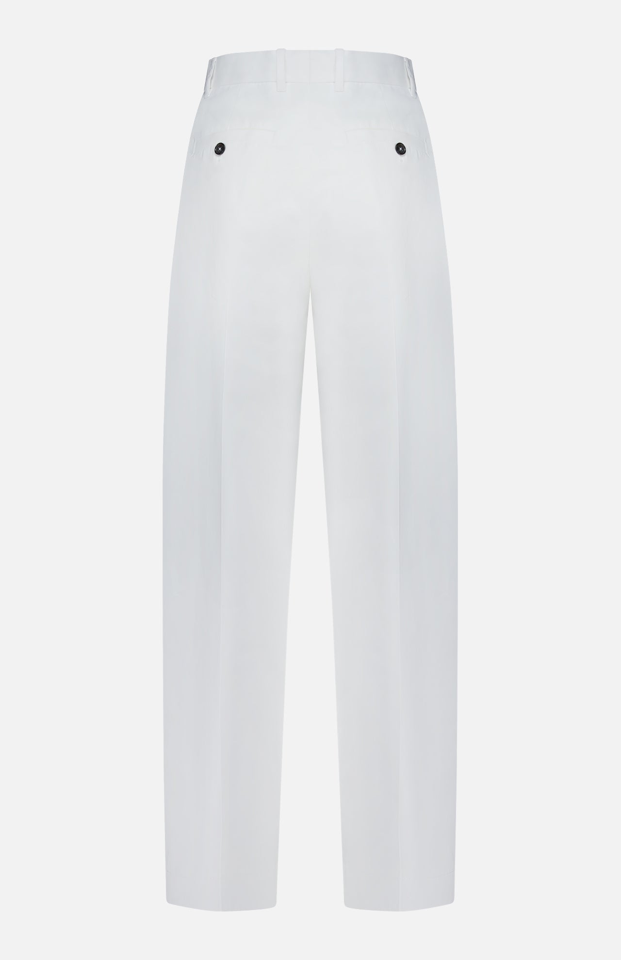 Back view of TOTEME’s Single Pleat Cotton Trouser Pants in white, featuring belt loops, two buttoned back pockets, and crisp straight legs.