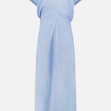 The TOTEME Slouch Waist Dress in light blue features short sleeves, a calf-length curved panel design, and a loose fit with a subtle sheen. Minimal detailing adds to its simple, elegant look, shown on a plain white background.
