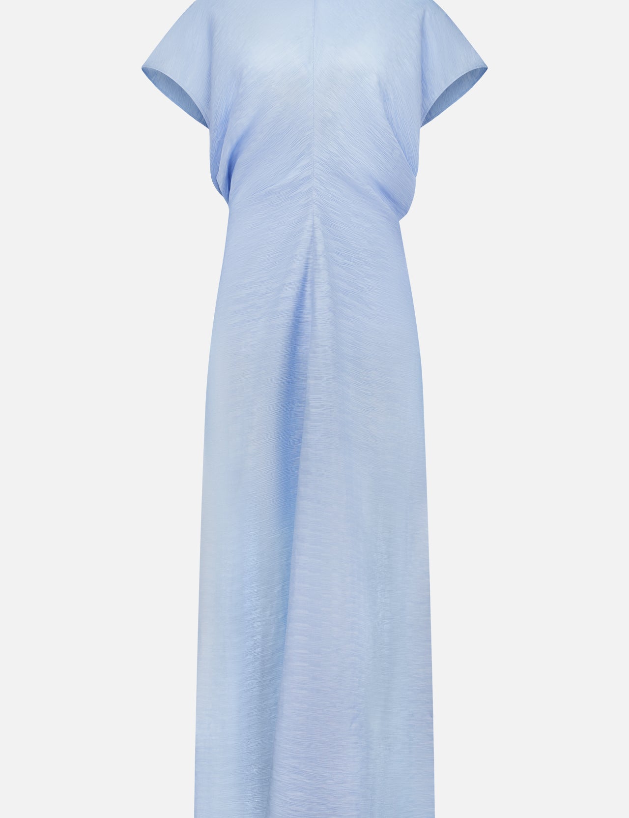 The TOTEME Slouch Waist Dress in light blue features short sleeves, a calf-length curved panel design, and a loose fit with a subtle sheen. Minimal detailing adds to its simple, elegant look, shown on a plain white background.