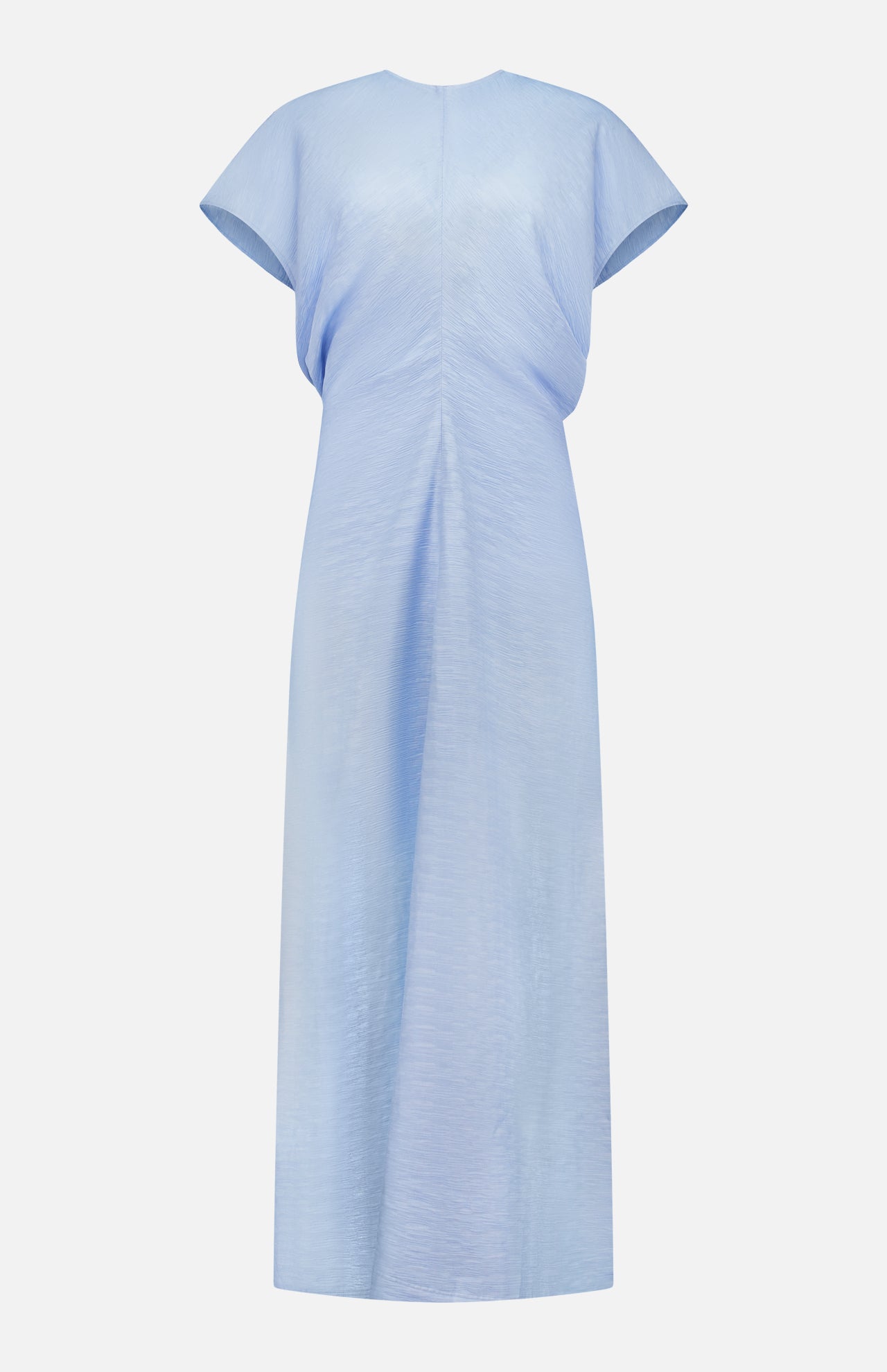 The TOTEME Slouch Waist Dress in light blue features short sleeves, a calf-length curved panel design, and a loose fit with a subtle sheen. Minimal detailing adds to its simple, elegant look, shown on a plain white background.