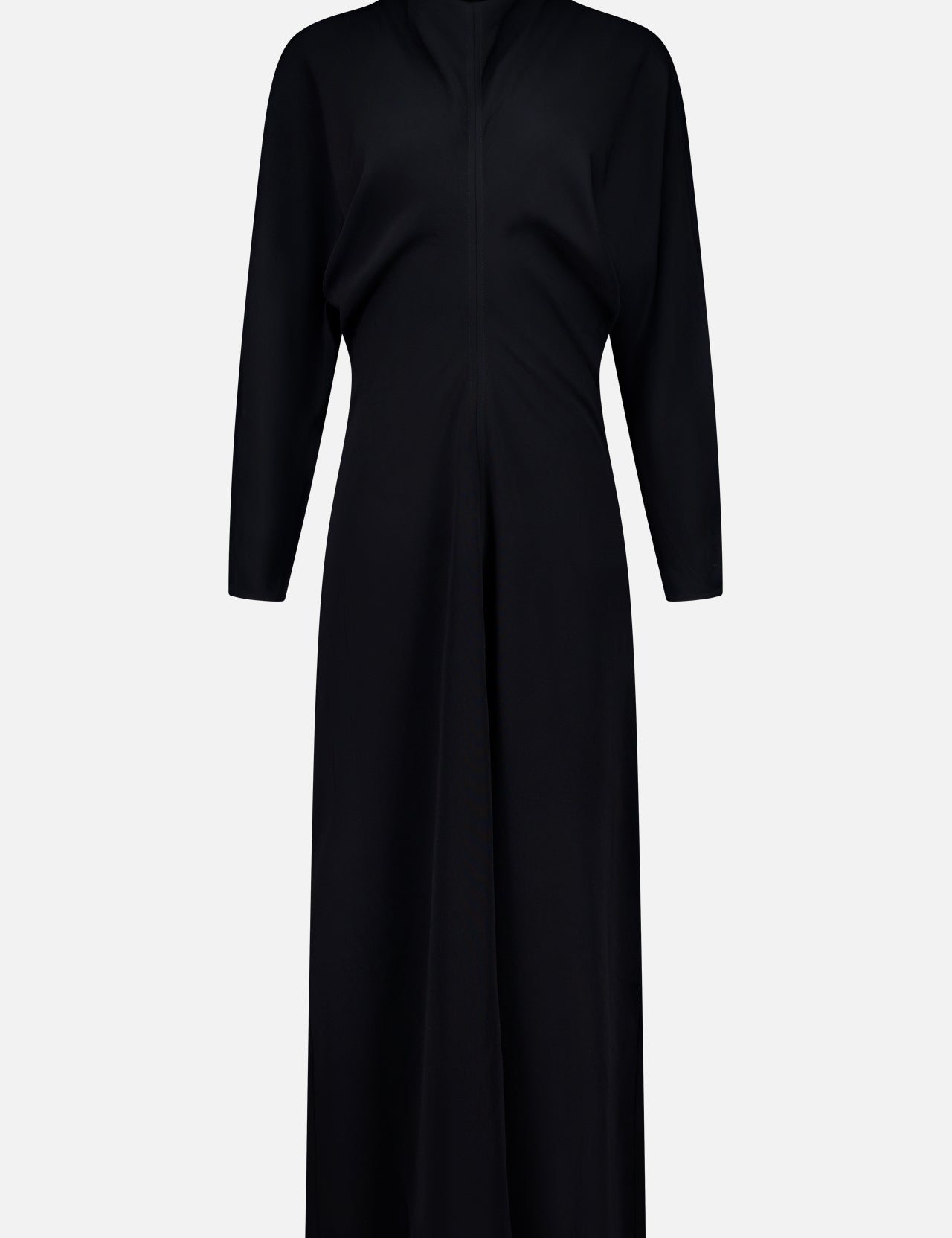 The TOTEME Slouch Waist Scarf Dress is a black, long-sleeved, knee-length dress featuring voluminous sleeves, a fitted waist, and a central seam detail, shown against a plain white background.