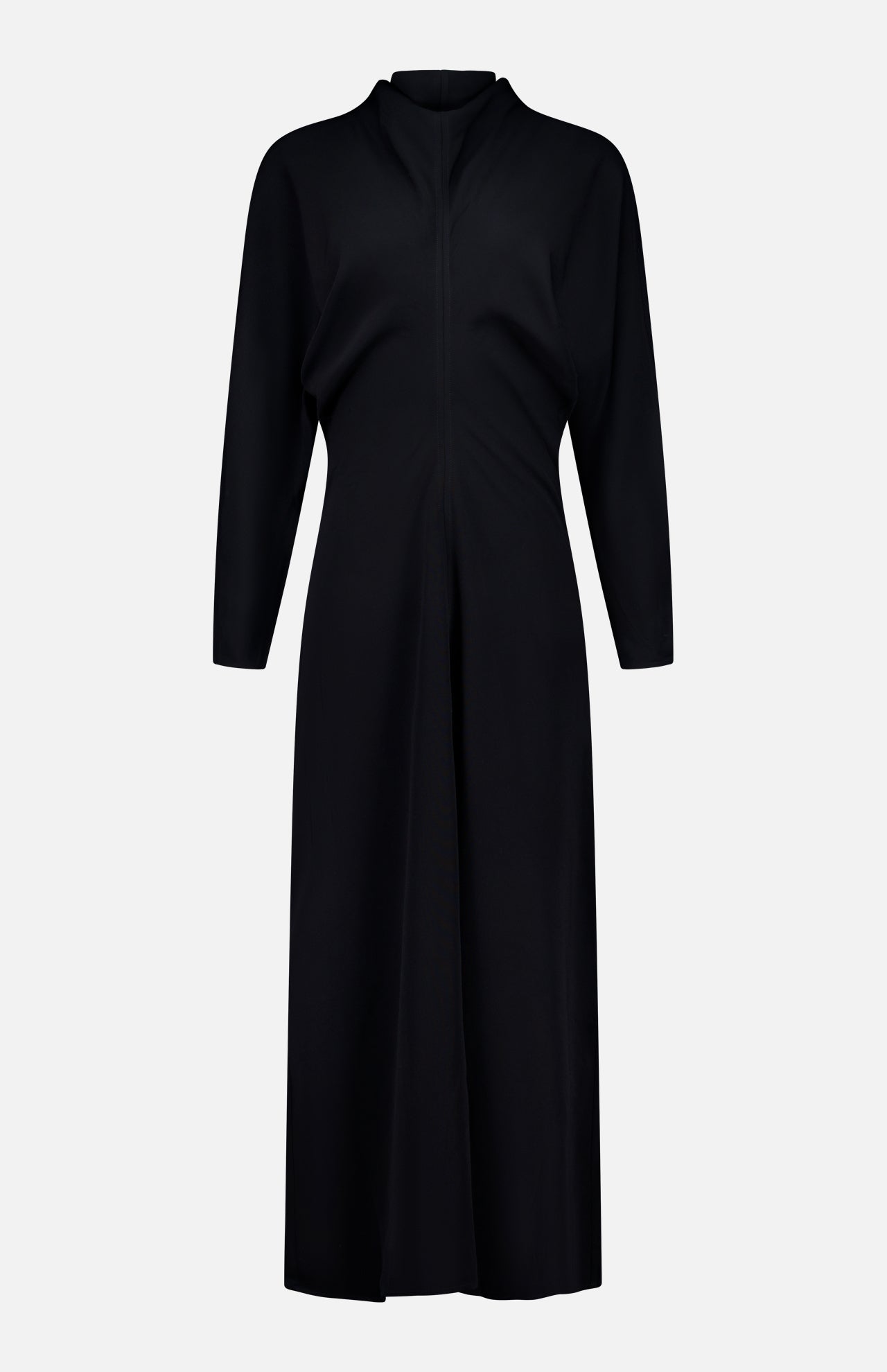 The TOTEME Slouch Waist Scarf Dress is a black, long-sleeved, knee-length dress featuring voluminous sleeves, a fitted waist, and a central seam detail, shown against a plain white background.