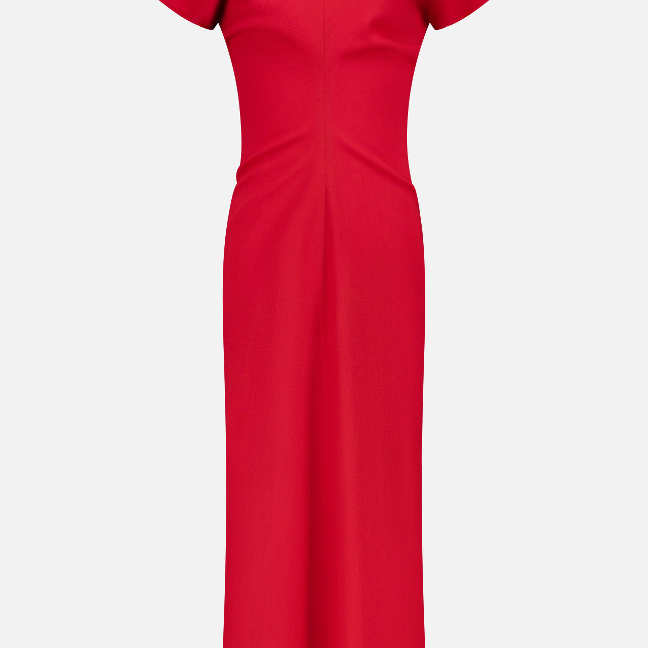 The TOTEME Slouch Waist Wool Dress features a bright red hue, short sleeves, ankle length, fitted waist, crew neckline, and a minimalistic design, shown against a plain white background.