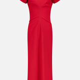 The TOTEME Slouch Waist Wool Dress features a bright red hue, short sleeves, ankle length, fitted waist, crew neckline, and a minimalistic design, shown against a plain white background.
