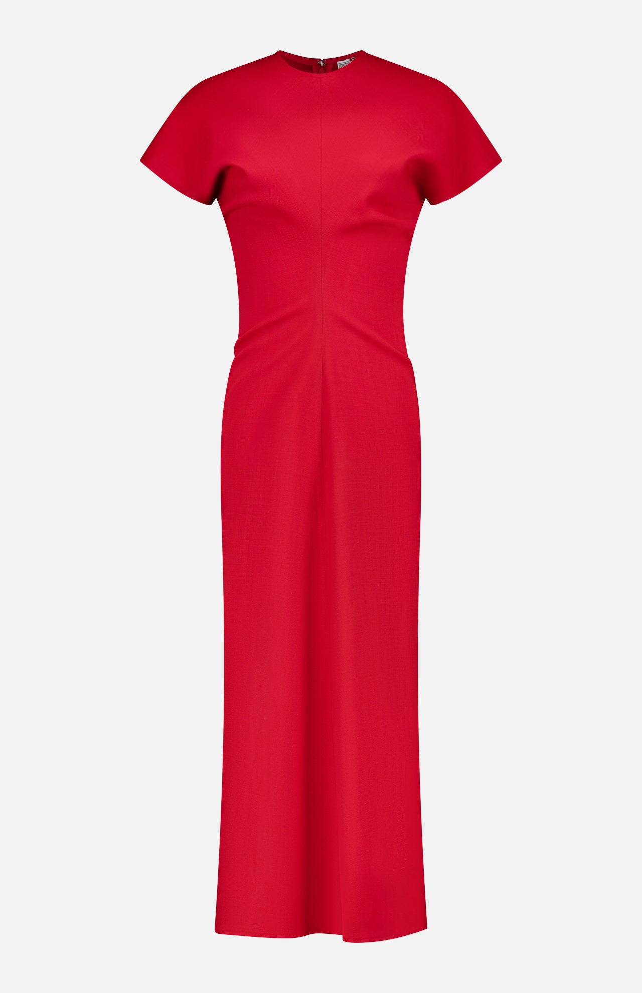 The TOTEME Slouch Waist Wool Dress features a bright red hue, short sleeves, ankle length, fitted waist, crew neckline, and a minimalistic design, shown against a plain white background.