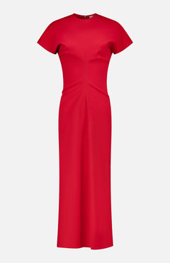 The TOTEME Slouch Waist Wool Dress features a bright red hue, short sleeves, ankle length, fitted waist, crew neckline, and a minimalistic design, shown against a plain white background.