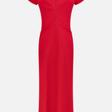 The TOTEME Slouch Waist Wool Dress in red is shown from the back on a white background, featuring a fitted, short-sleeve, ankle-length silhouette with simple seams and a minimalist design.