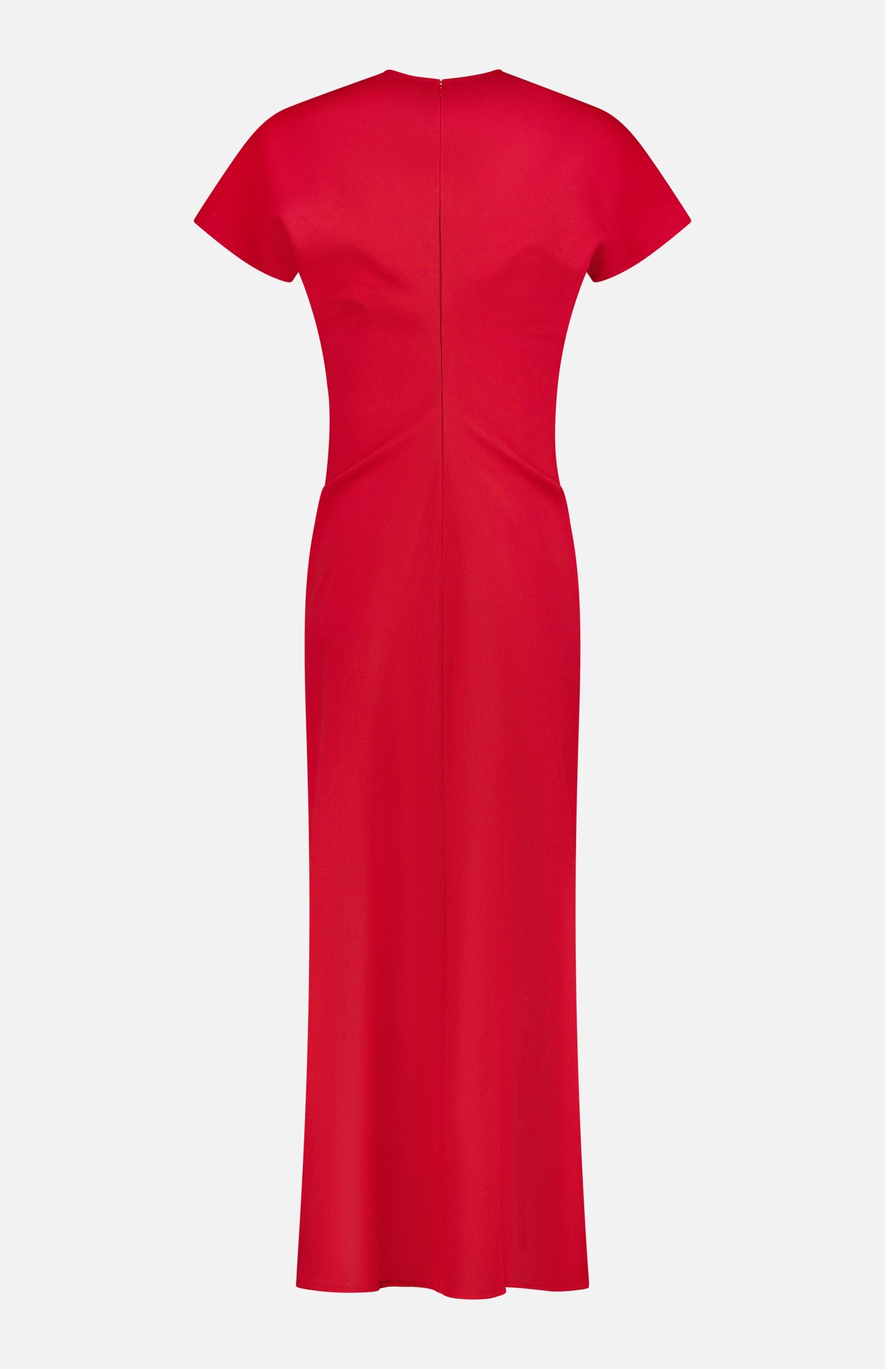 The TOTEME Slouch Waist Wool Dress in red is shown from the back on a white background, featuring a fitted, short-sleeve, ankle-length silhouette with simple seams and a minimalist design.