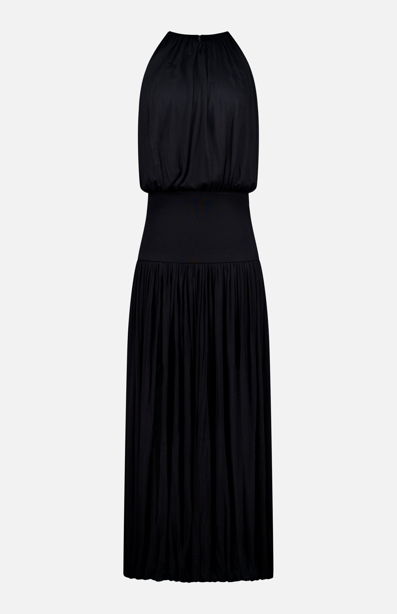 The TOTEME Soft Gathered Dress is a sleeveless black occasion piece with a halter neckline, fitted waist, flowing pleated skirt, and sculptural gathered details, shown against a plain white background.