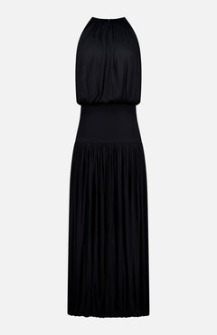 The TOTEME Soft Gathered Dress is a sleeveless black occasion piece with a halter neckline, fitted waist, flowing pleated skirt, and sculptural gathered details, shown against a plain white background.