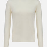 The TOTEME Structured Crew Neck Knit Sweater, featuring a classic silhouette and long sleeves in off-white, is displayed on a white background.