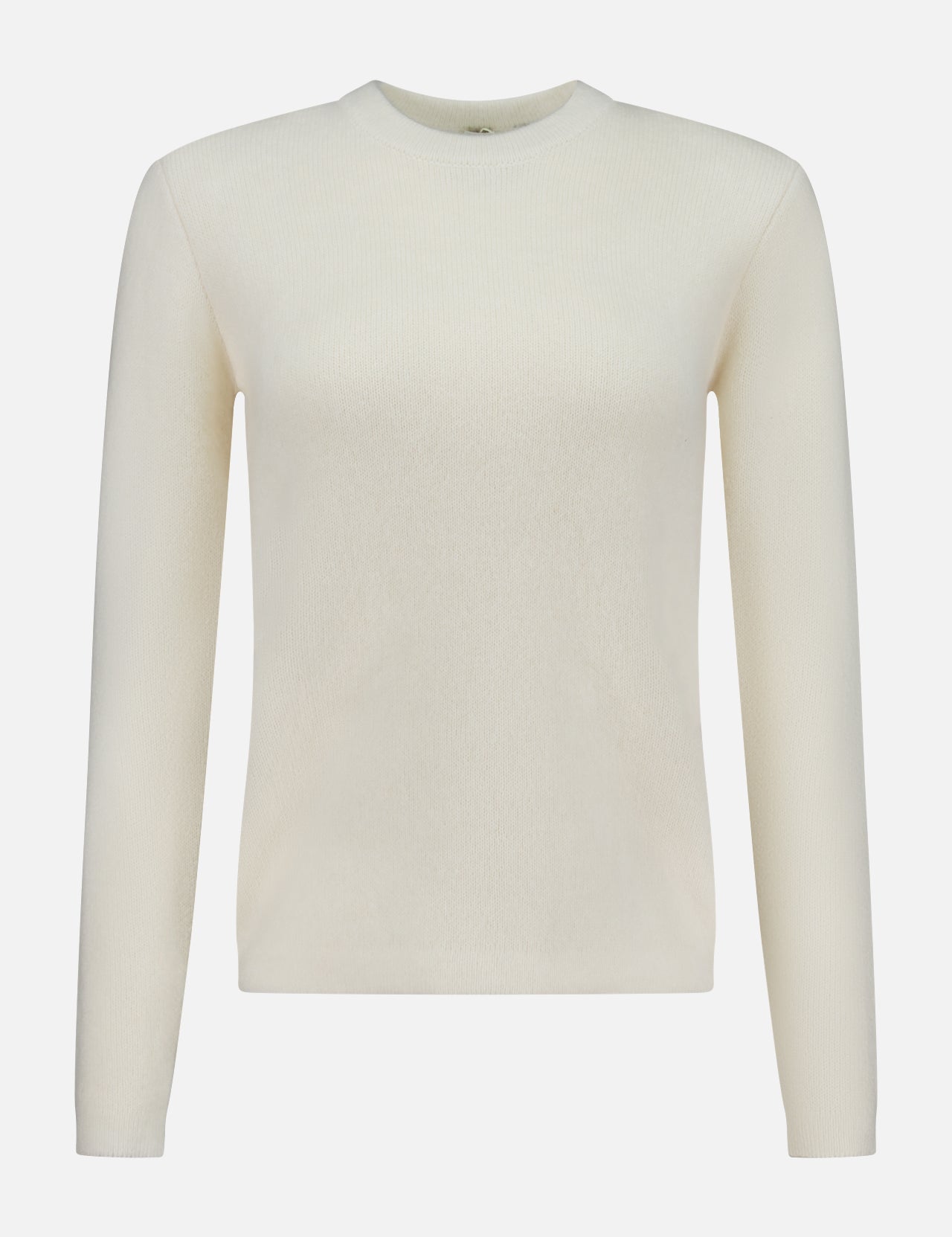The TOTEME Structured Crew Neck Knit Sweater, featuring a classic silhouette and long sleeves in off-white, is displayed on a white background.