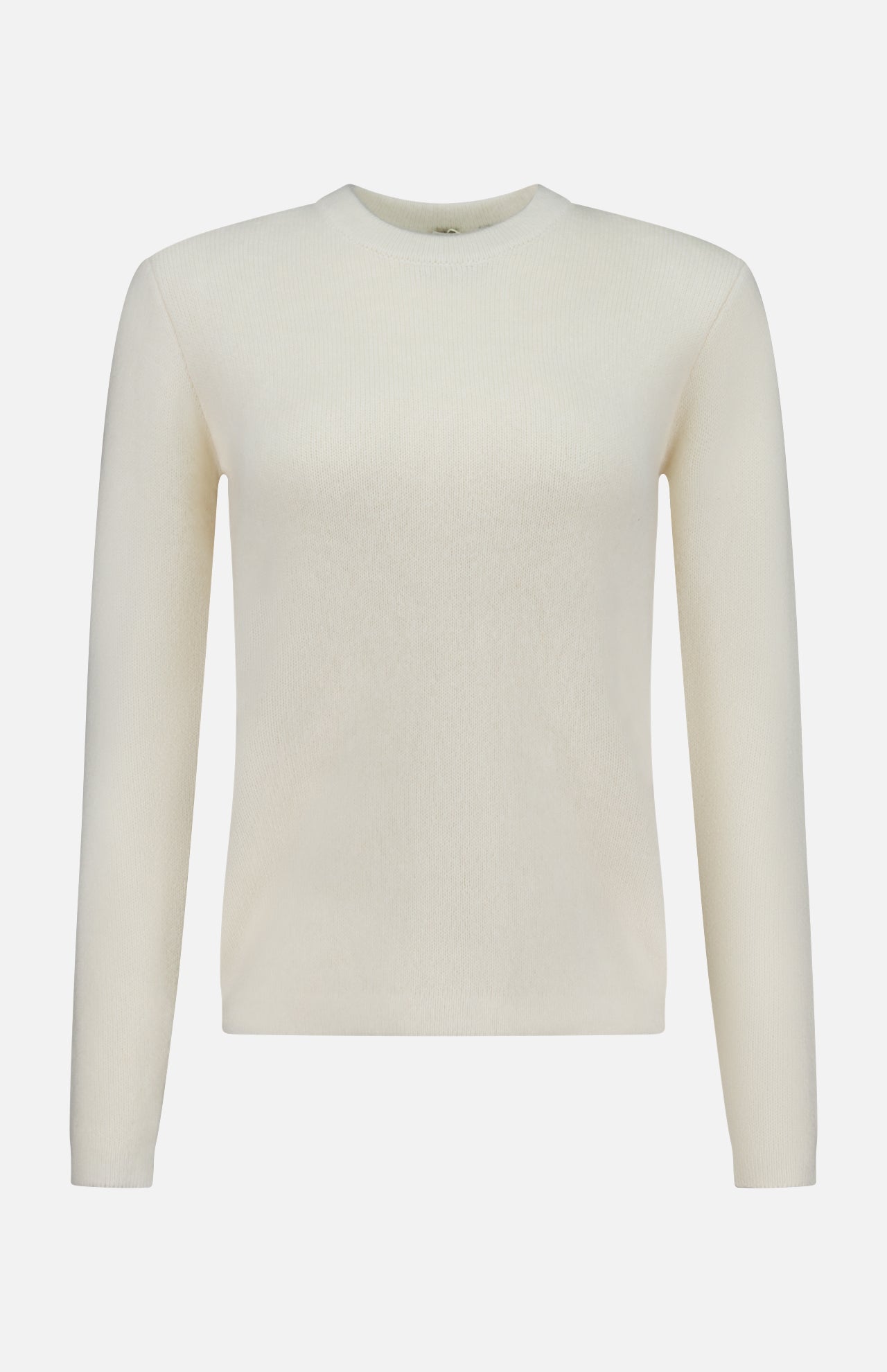 The TOTEME Structured Crew Neck Knit Sweater, featuring a classic silhouette and long sleeves in off-white, is displayed on a white background.