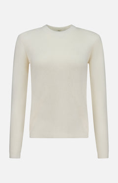 The TOTEME Structured Crew Neck Knit Sweater, featuring a classic silhouette and long sleeves in off-white, is displayed on a white background.