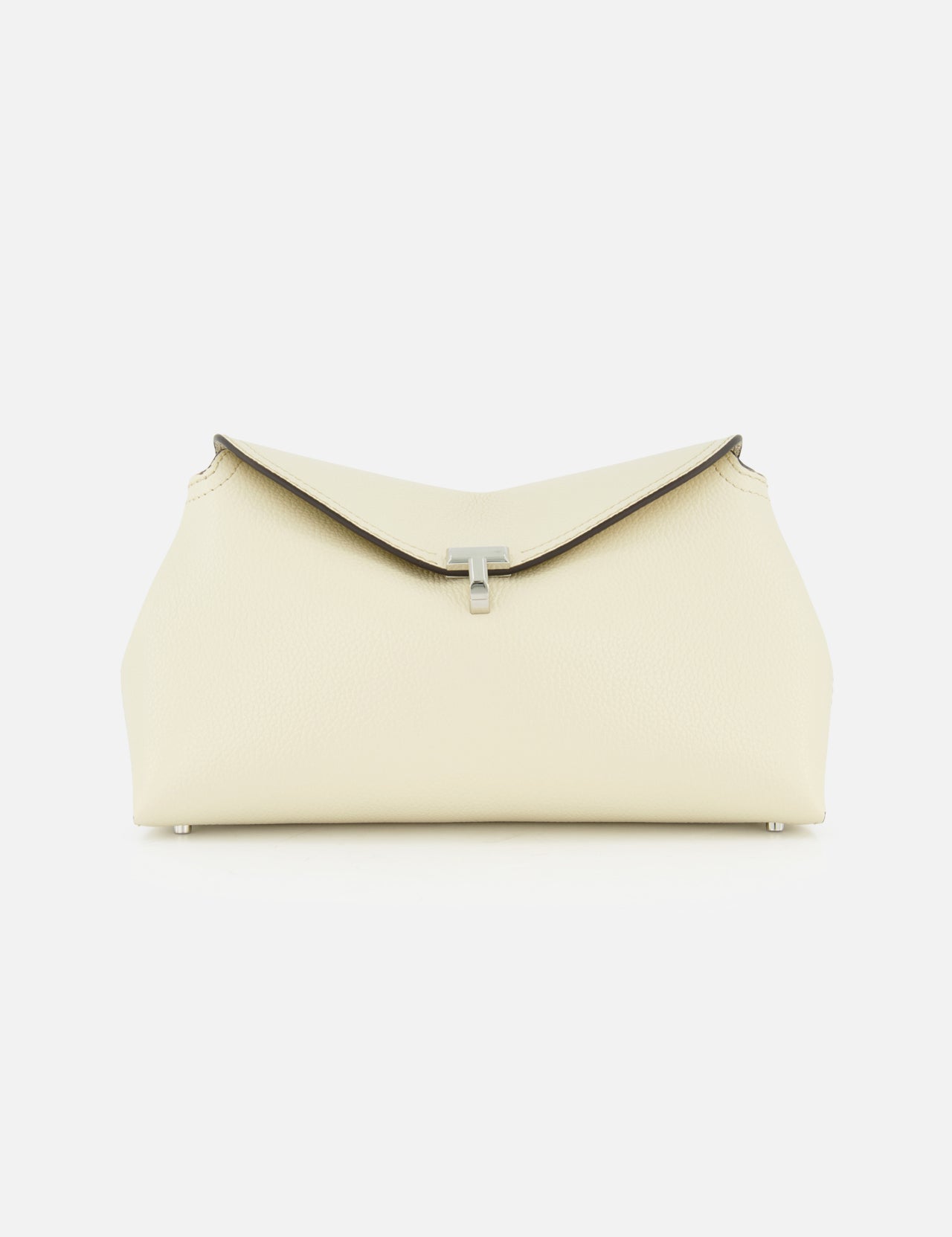 The TOTEME T-Lock Grained-Leather Clutch Bag is a cream Italian leather clutch with a flap closure and sleek silver clasp, shown against a plain white background.