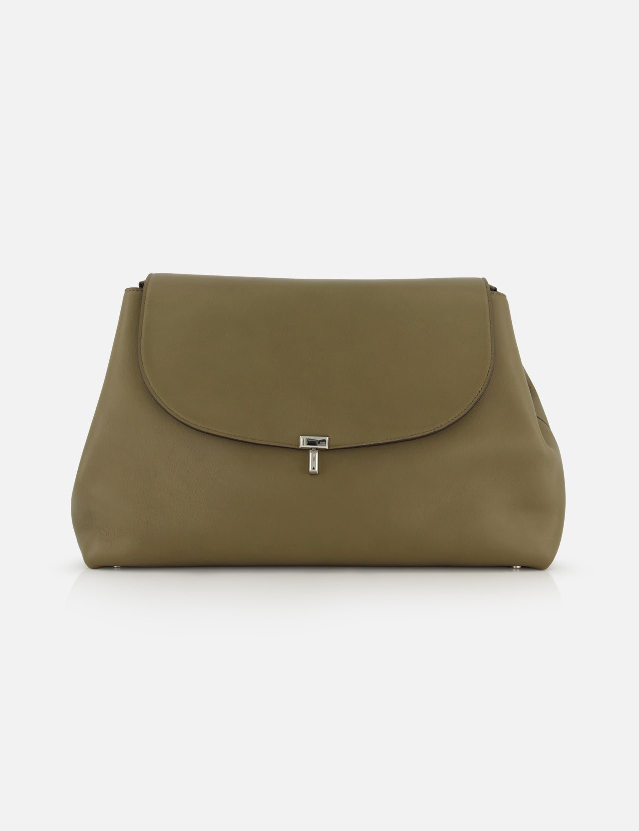 The TOTEME T-Lock Leather Satchel Bag is a large olive green leather bag with a curved flap, small silver center clasp, smooth minimalist design, and adjustable strap, shown against a plain white background.
