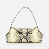 The TOTEME T-Lock Python Embossed Shoulder Bag features a structured rectangular silhouette in beige and black python-effect leather, designed with a short handle and a flap closure, and is shown against a plain white background.