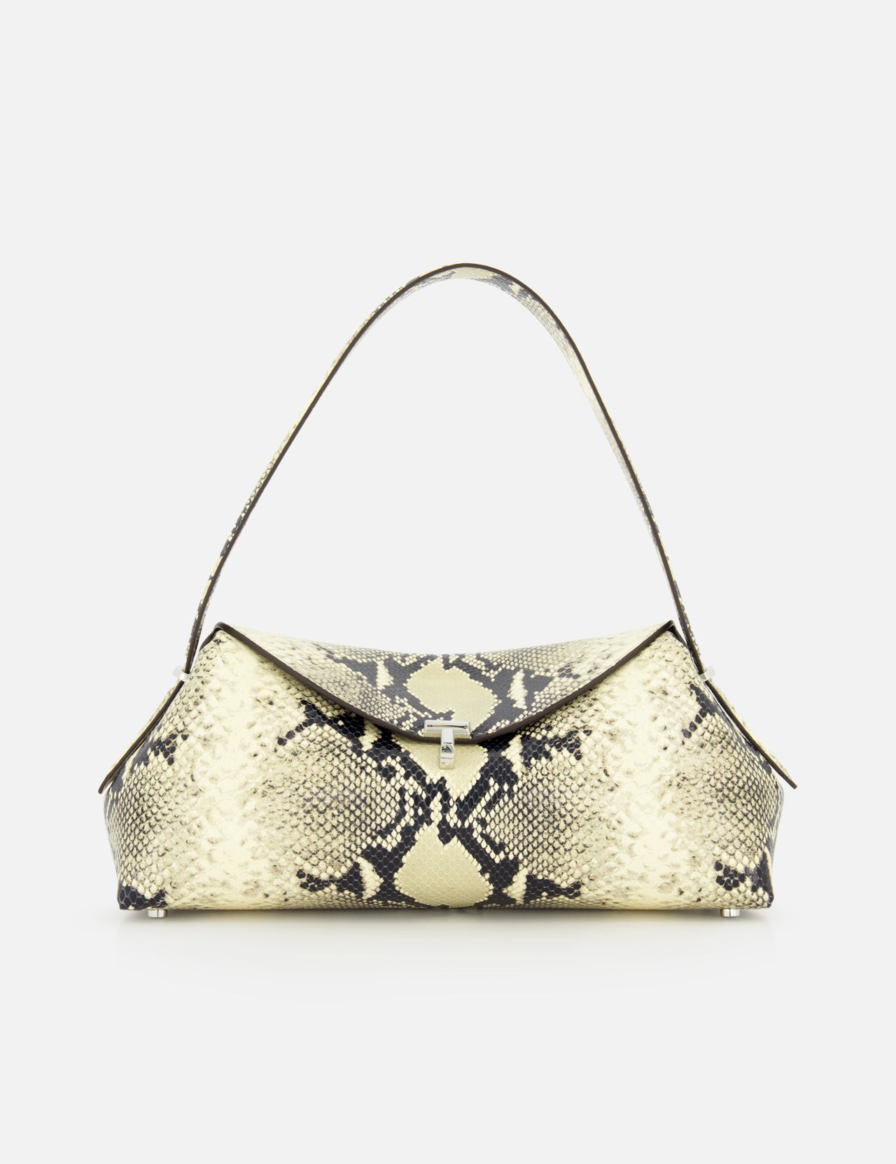 The TOTEME T-Lock Python Embossed Shoulder Bag features a structured rectangular silhouette in beige and black python-effect leather, designed with a short handle and a flap closure, and is shown against a plain white background.