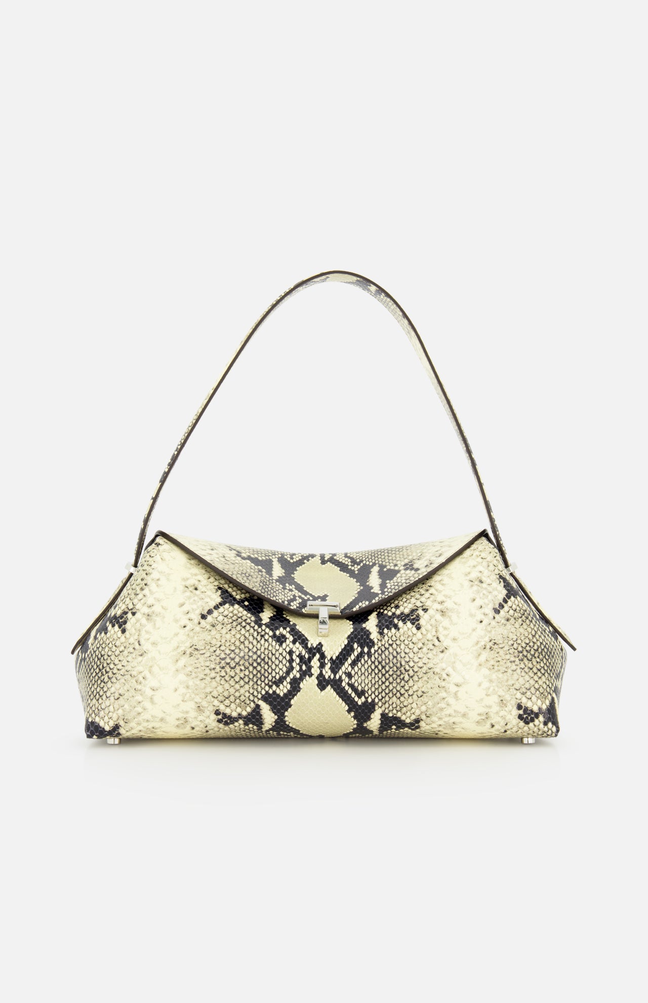 The TOTEME T-Lock Python Embossed Shoulder Bag features a structured rectangular silhouette in beige and black python-effect leather, designed with a short handle and a flap closure, and is shown against a plain white background.