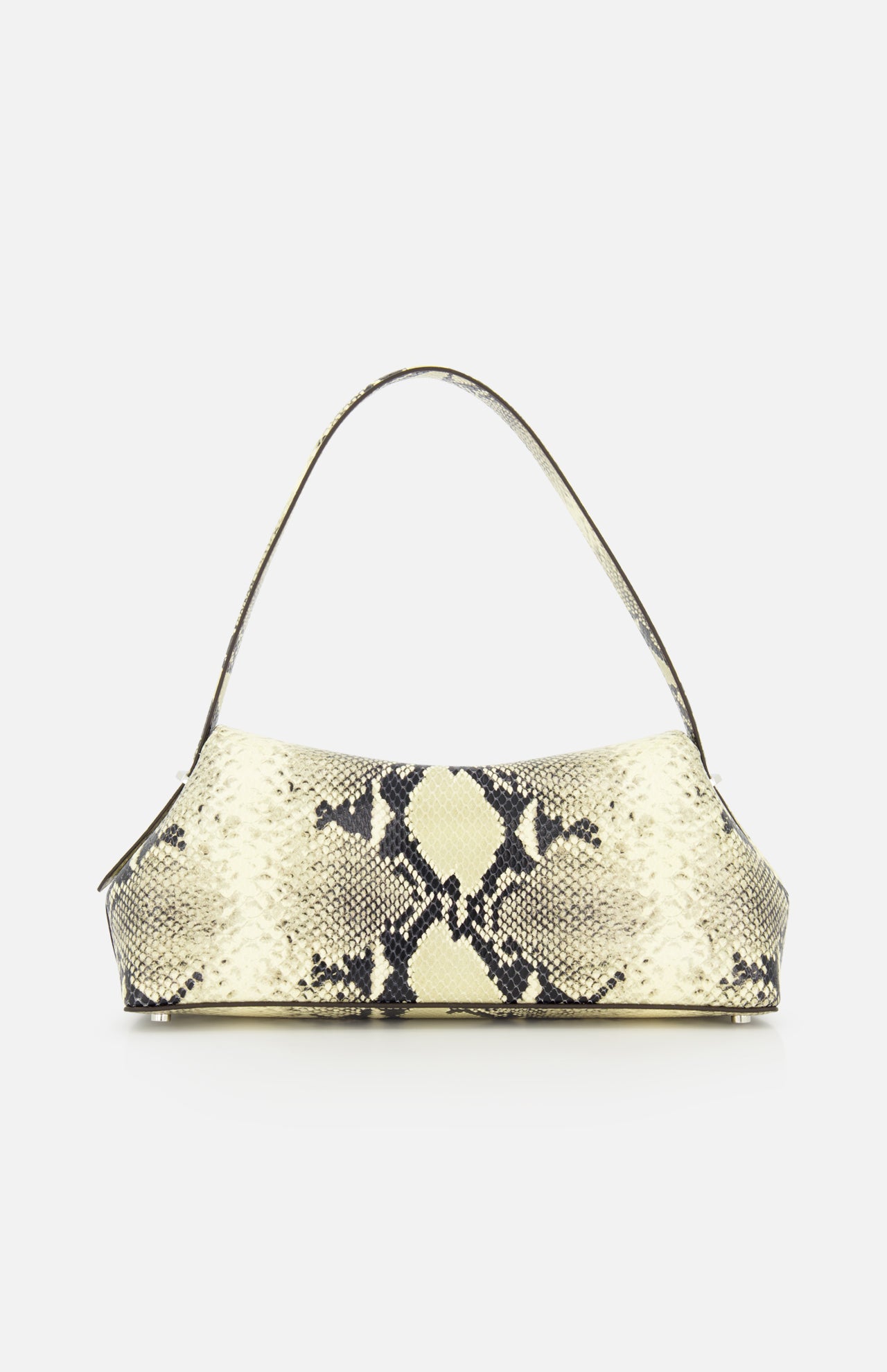 The TOTEME T-Lock Python Embossed Shoulder Bag is a small, rectangular sculptural shoulder bag featuring a single strap and a beige and black python-embossed pattern, crafted from luxurious snake-effect leather in Italy, and displayed against a plain white background.