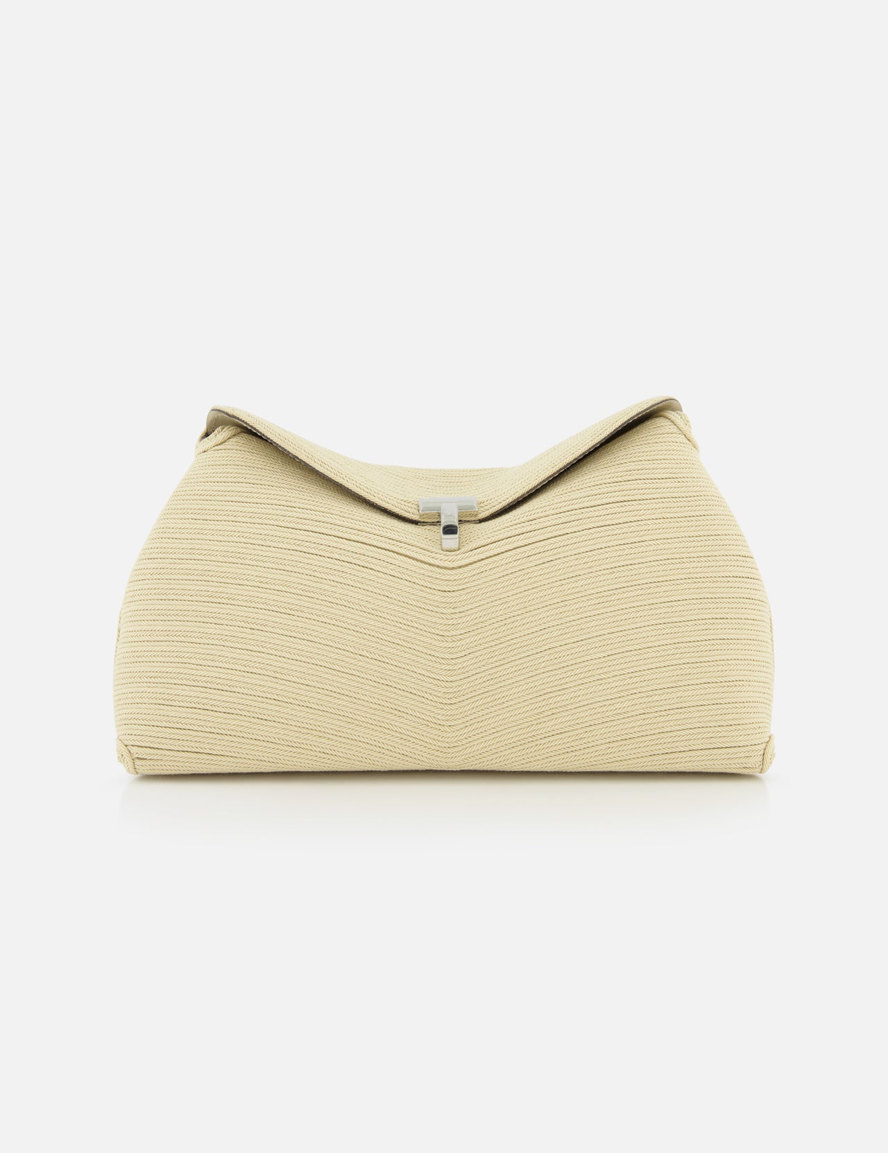 The TOTEME T-Lock Rope Clutch is a beige, sculptural bag with a textured finish and structured, rounded shape, accented by a small silver clasp on top. Photographed on a white background, it showcases timeless elegance.
