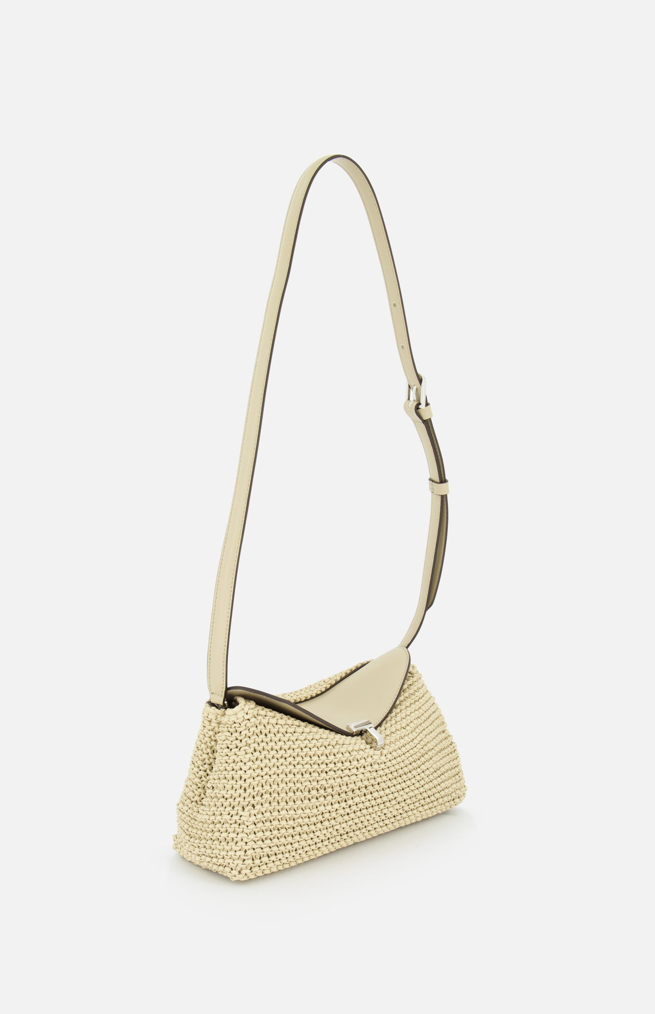 The TOTEME T-Lock Woven-Leather Clutch Bag, in cream, features Italian craftsmanship, a structured flap, and an adjustable leather strap, displayed on a plain white background.