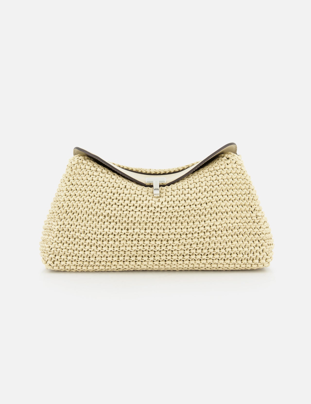 The TOTEME T-Lock Woven-Leather Clutch Bag features cream-colored woven leather, a structured trapezoidal shape, black top trim, and sculptural design. Made in Italy, it's photographed against a plain white background.