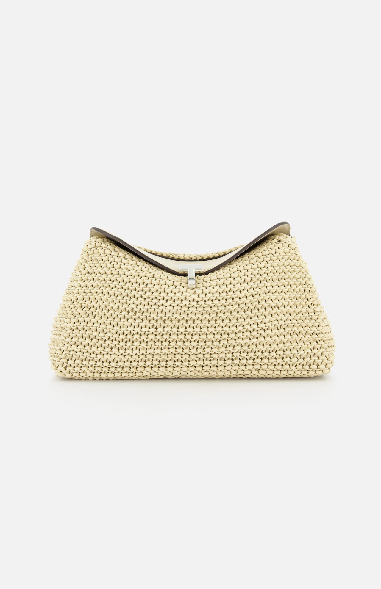 The TOTEME T-Lock Woven-Leather Clutch Bag features cream-colored woven leather, a structured trapezoidal shape, black top trim, and sculptural design. Made in Italy, it's photographed against a plain white background.