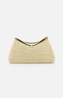 The TOTEME T-Lock Woven-Leather Clutch Bag features cream-colored woven leather, a structured trapezoidal shape, black top trim, and sculptural design. Made in Italy, it's photographed against a plain white background.