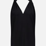 The TOTEME Twisted Jersey Halter Top is a black, sleeveless summer top with a twisted halter neckline, V-shaped front, and smooth fabric, shown against a plain white background.