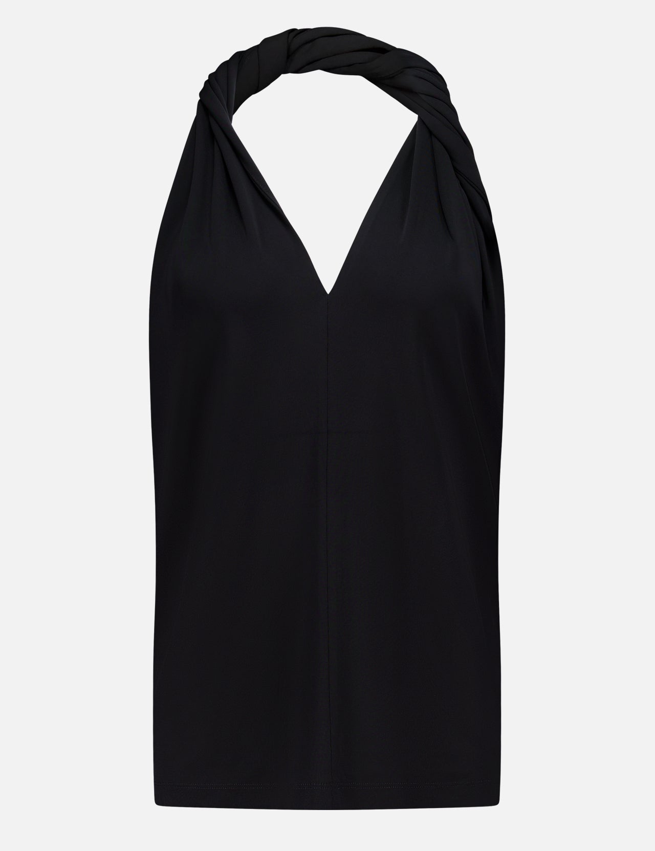 The TOTEME Twisted Jersey Halter Top is a black, sleeveless summer top with a twisted halter neckline, V-shaped front, and smooth fabric, shown against a plain white background.