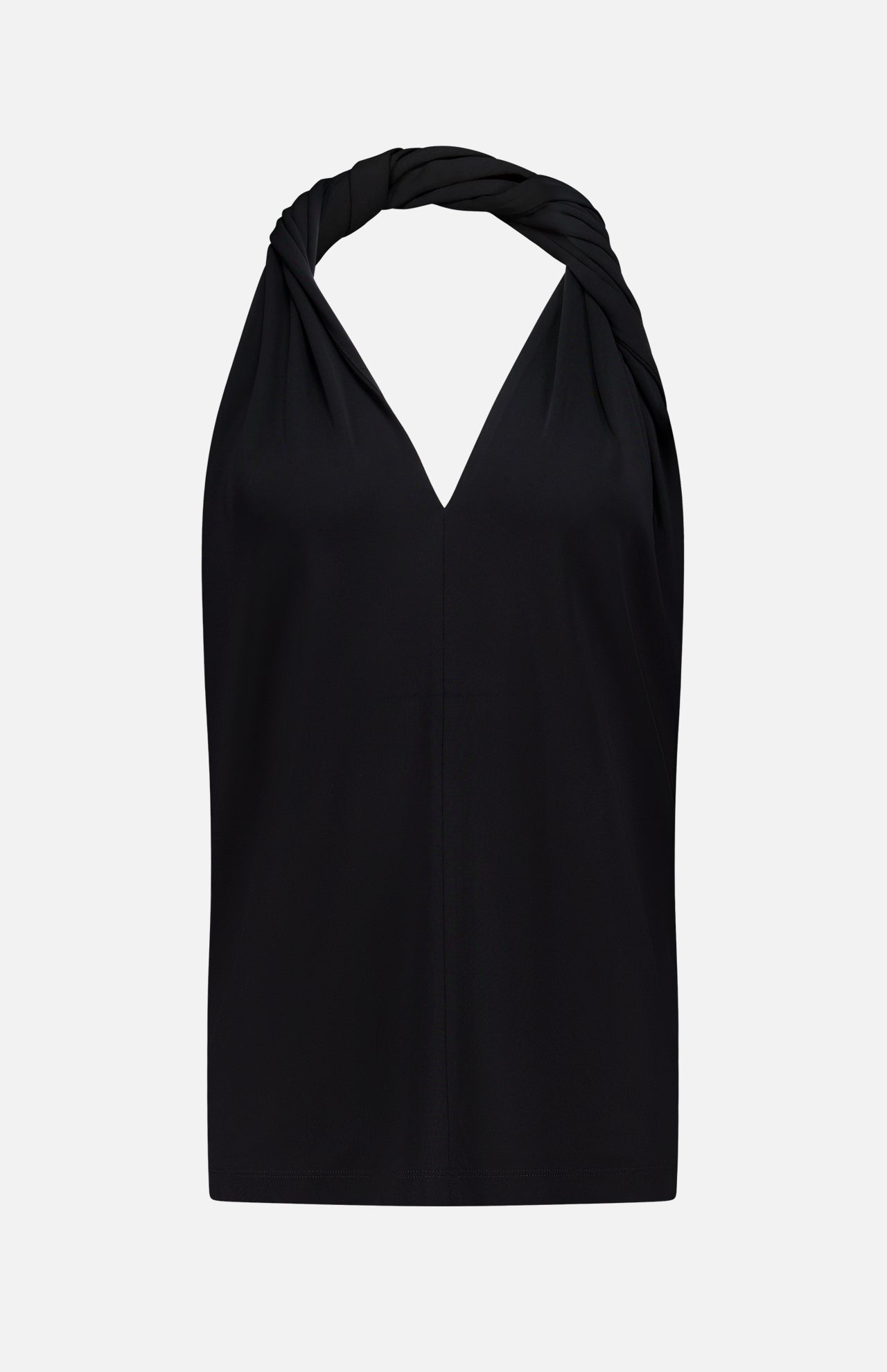 The TOTEME Twisted Jersey Halter Top is a black, sleeveless summer top with a twisted halter neckline, V-shaped front, and smooth fabric, shown against a plain white background.