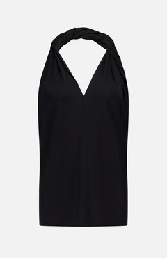 The TOTEME Twisted Jersey Halter Top is a black, sleeveless summer top with a twisted halter neckline, V-shaped front, and smooth fabric, shown against a plain white background.